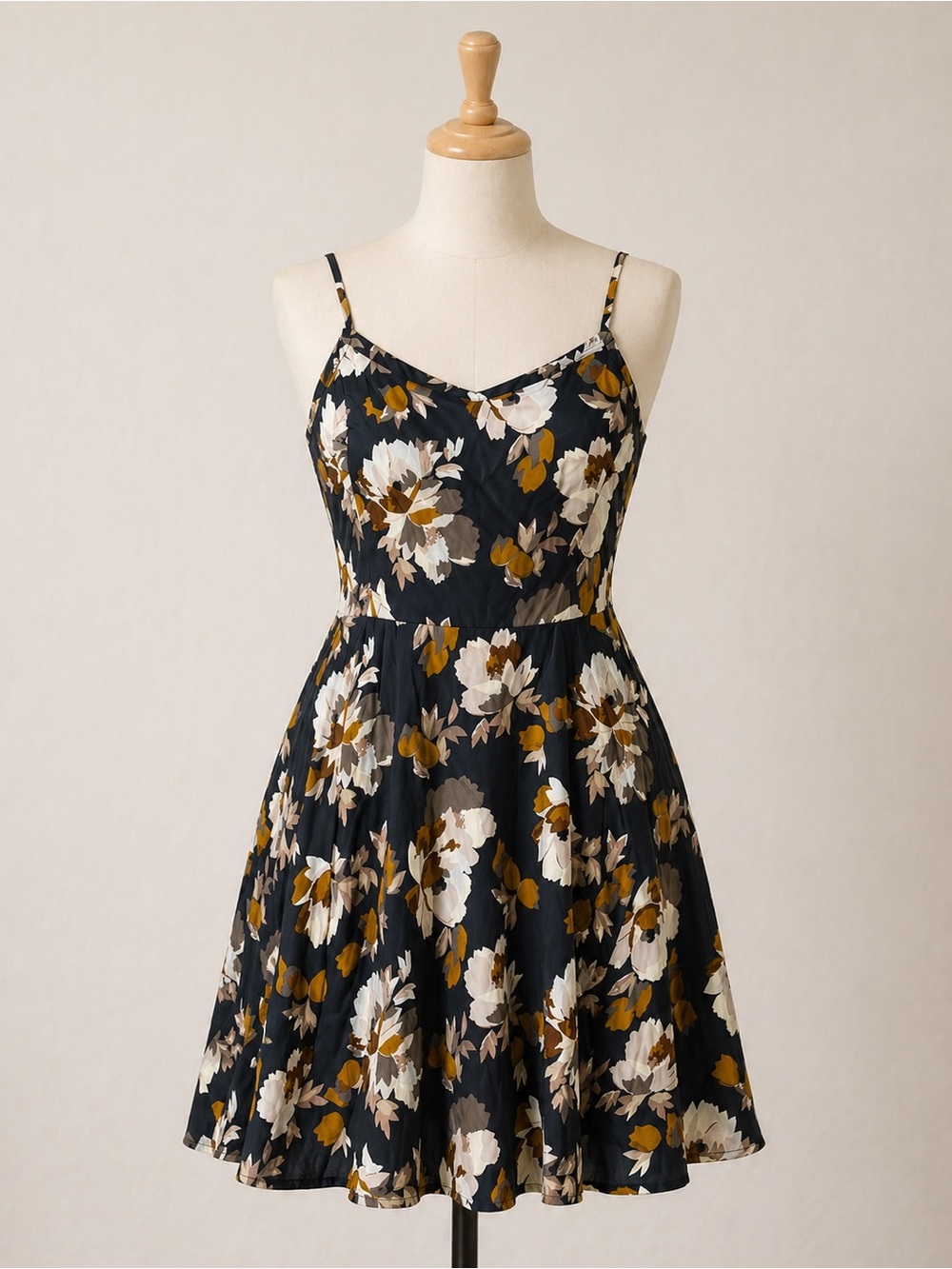 Floral Spaghetti-Strap Black Dress with White & Mustard Blooms